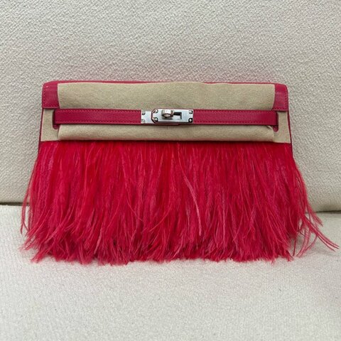 Hermès Kelly Elan Folie 鴕鳥羽毛 極致粉 山羊皮 銀扣