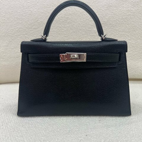 Hermès Mini Kelly II 迷你凱莉 撲克牌柳釘肩帶 黑色 Chevre Chamkila山羊皮 銀扣