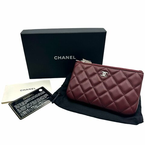 【美收精品】CHANEL 酒紅色菱格紋小羊皮拉鍊零錢包 C-966【隔月月中將轉賣至日本 上架期限30天】