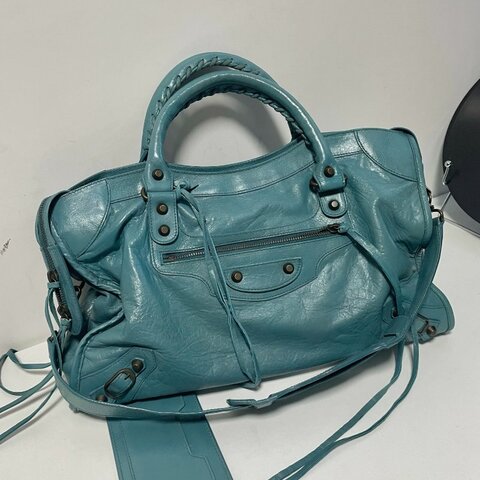 Balenciaga 巴黎世家 中古款孔雀綠油蠟皮中號 機車包手提包斜挎包