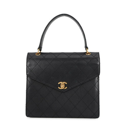 Chanel 手提包，Matelassé、Coco Mark、V 型翻蓋、魚子醬皮革，黑色。