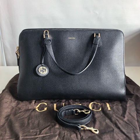 Gucci古馳 黑色荔枝紋 牛皮公文手提包 98新