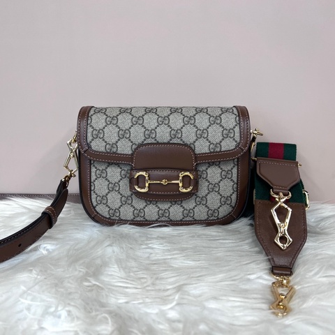 Gucci PVC咖牛皮金馬銜釦Horsebit1955小號肩斜背包
