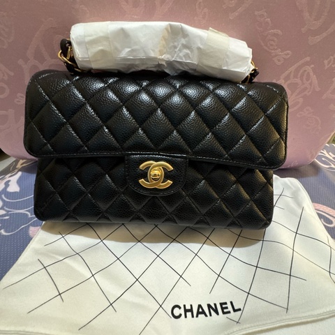 CHANEL 黑色荔枝皮金扣 CF 23 口蓋包 斜背包 側背包