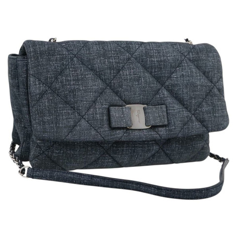 Salvatore Ferragamo 牛仔布 Vala 絲帶鏈條單肩包 藍色 正品 BA15284V