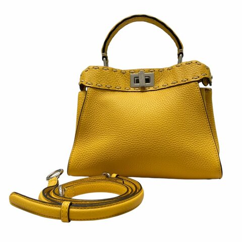 FENDI 芬迪 Mini Peekaboo Iconic Selleria 皮革 手提包 黃色 銀釦