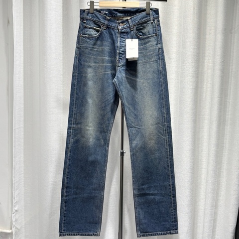 Celine 賽琳 牛仔長褲 29碼 皮牌 做舊破壞 金屬扣 懷舊藍