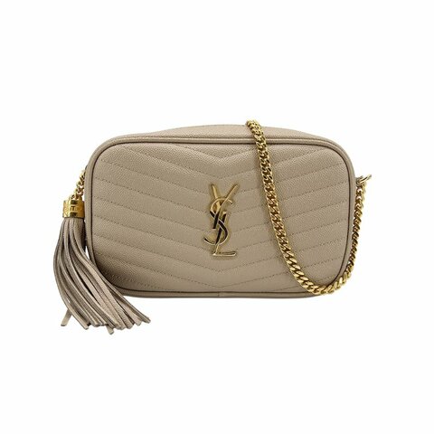 YSL Lou 山形紋牛皮金釦流蘇斜背相機包-Mini(748849-米色)