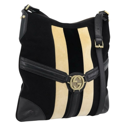 GUCCI 雙G互扣肩背包，絲絨材質，黑色金色，貨號115568，正品編號196980V
