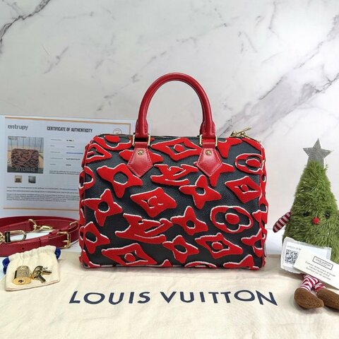 LV x UF Speedy 25紅黑簇絨波士頓包