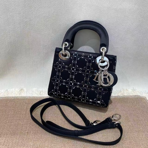 Dior迪奧黑色絲綢緞面水鑽三格戴妃包