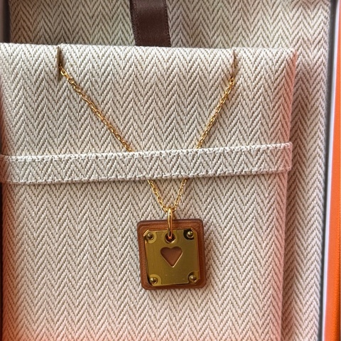Hermes As de Coeur金色金屬拼金棕牛皮頸鏈 項鏈