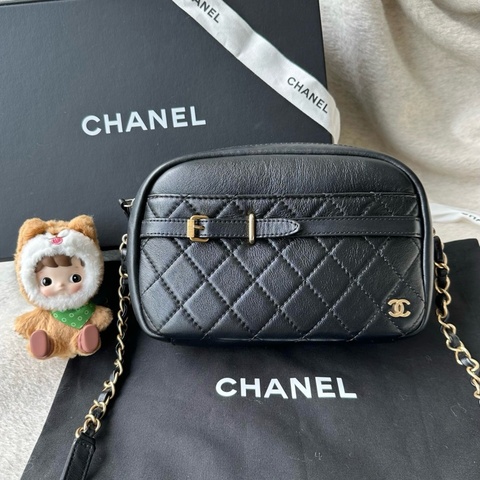 香奈兒 Chanel 相機包斜挎包 黑色 金扣 肩帶可調節
