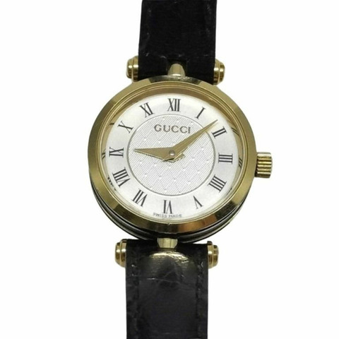 GUCCI 2040L 女士腕錶，銀色、金色、黑色不鏽鋼錶殼，皮革錶帶。