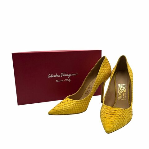 【美收精品】Ferragamo  蛇皮壓紋黃色跟鞋 C-948【隔月月中將轉賣至日本 上架期限30天】