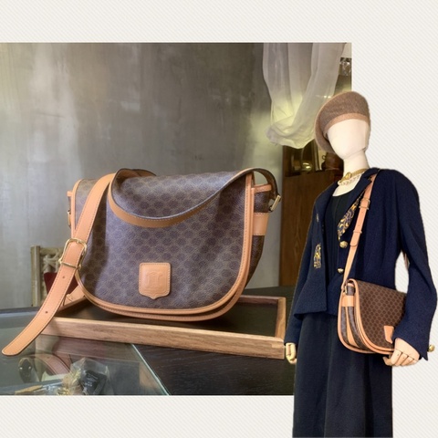 瑟琳金棕色馬鞍肩背包 Vintage Celine Macadam Triomphe Monogram Crossbody Bag In Brown