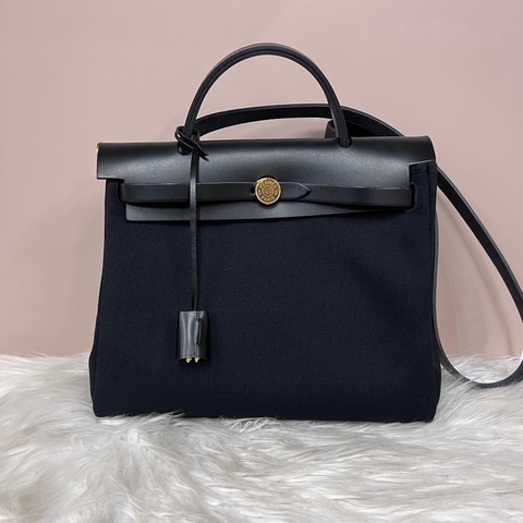 Hermes 89黑拼黑帆布金釦Herbag