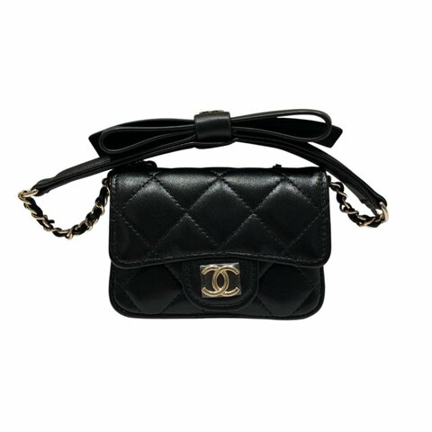 CHANEL 香奈兒 CLASSIC BOW CHAIN BELT BAG 蝴蝶結黑金皮鏈迷你卡片包 小羊皮 黑色 淺金釦