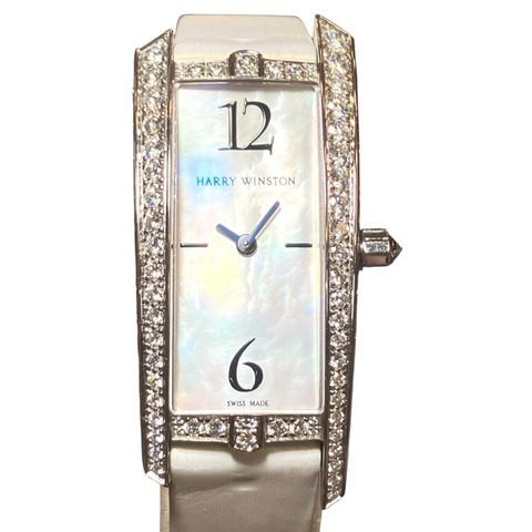 Harry Winston Avenue Traffic腕錶，18K金皮錶帶，石英機芯，白色錶盤，型號340LQW