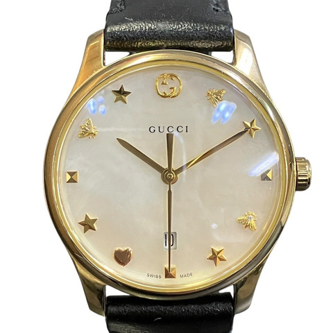 Gucci GUCCI 珍珠母貝腕錶，總重 26.3 克，GP 真皮錶帶，石英機芯，錶盤，126.5