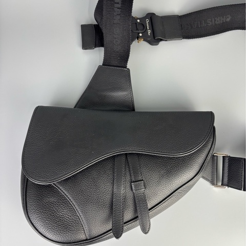 迪奧Dior Saddle 黑色全皮白縫線馬鞍包中號男款單肩斜挎包