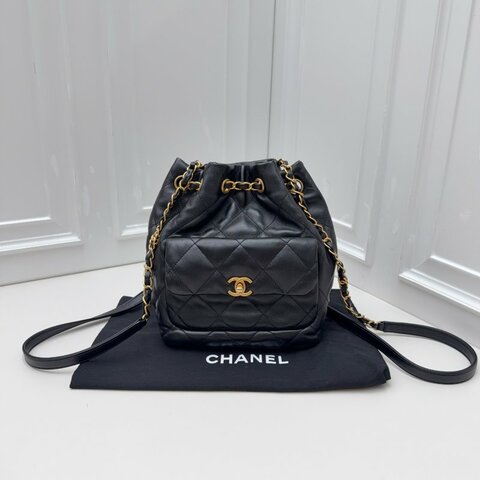 CHANEL 香奈兒25mini handbag 黑金 芯片 抽繩垃圾袋雙肩包 油蠟小羊皮