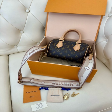 二手LV 老花Speedy Bandoulière 20米拚色帆布寬揹帶波士頓包M46222