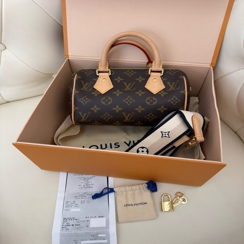 全新LV 老花Speedy Bandoulière 20黑拚色帆布寬揹帶波士頓包M46234