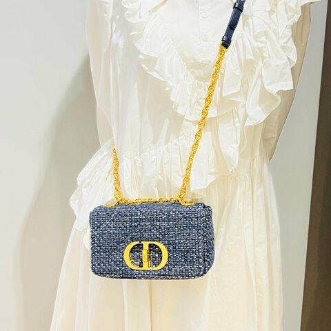 Dior Caro鏈條包小號  藍色粗花呢編織 金扣 20*13*7 99新配件塵袋