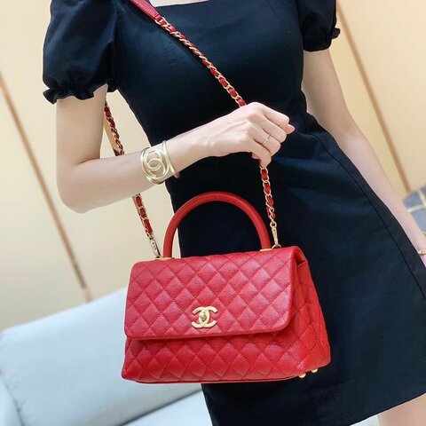Chanel 紅金Coco handle中號 荔枝皮 28*18*12 98新配件肩帶 塵袋