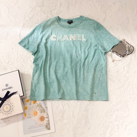CHANEL 23C早春度假系列 薄荷綠水洗做舊短袖T‑Shirt