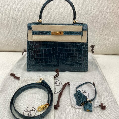 愛馬仕 Hermès Kelly 25 1P鴨子藍 兩點鱷魚 金扣 A刻