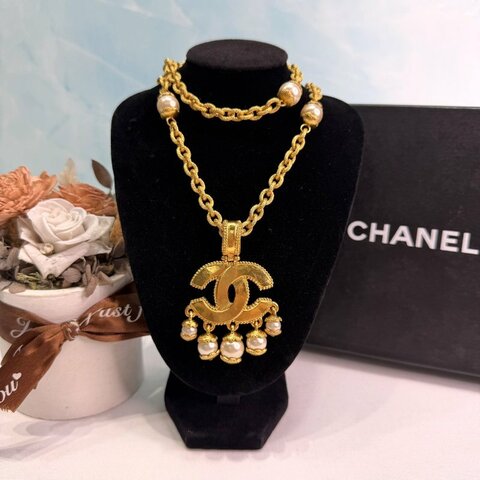 CHANEL Vintage 96A麥穗紋雙C珍珠長項鍊