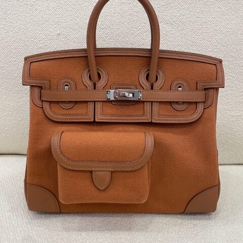 閒置未使用 愛馬仕 Hermès Birkin 25 Cargo 金棕色帆布 Swift皮 銀扣 B刻