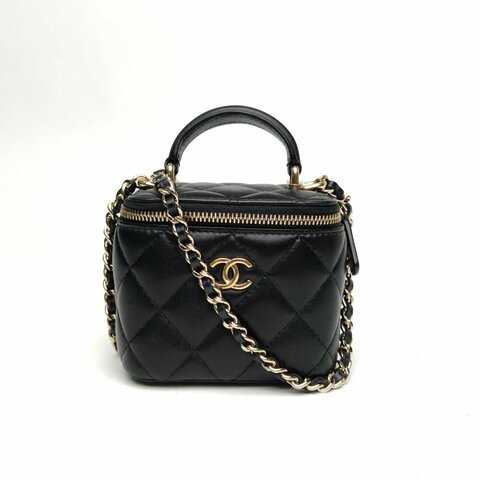 CHANEL香奈兒 21A手提方盒子化妝包黑色羊皮革金扣皮手柄肩背包