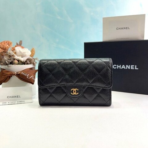 CHANEL 黑金荔枝牛皮三折中夾