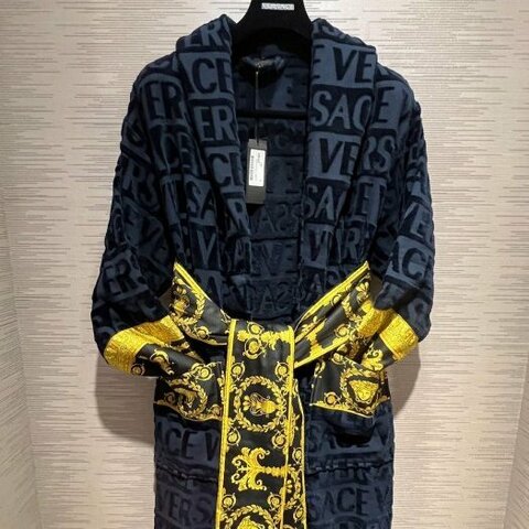 💎Han's house精品服飾💎VERSACE 凡賽斯 女神頭 頂級黑牌 圖案帶 浴袍 深藍色