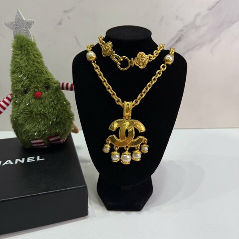 CHANEL Vintage 96A麥穗紋雙C珍珠吊墜長鍊