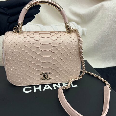 香奈兒 Chanel 櫻花粉蛇皮風琴包 方胖子 淡金扣