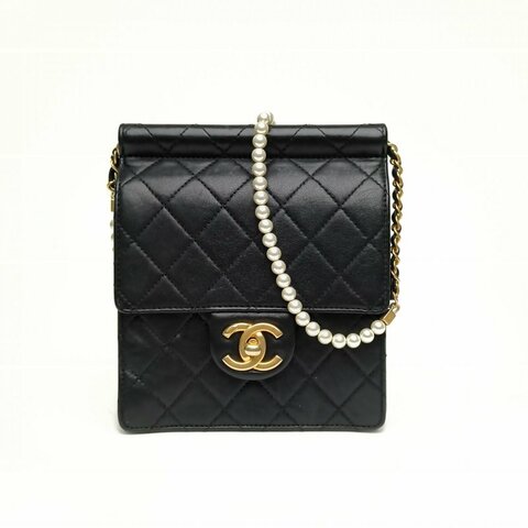CHANEL香奈兒 珍珠鏈條包Flapbag豎版中號黑色牛皮革金扣肩背包