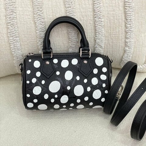 路易威登 Louis Vuitton Speedy Nano 波點 LV x 草間彌生 黑色 皮革 銀扣 芯片