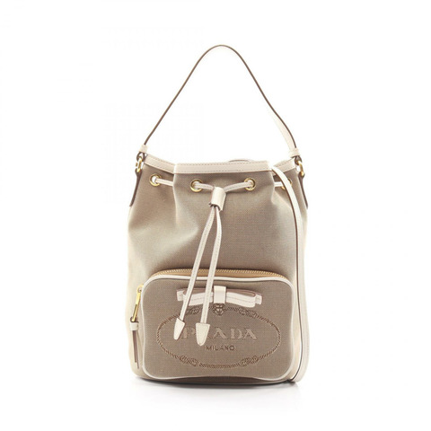 PRADA LOGO JACQUARD 單肩手提包 帆布皮革 米色 白色 棕色 二手 女士