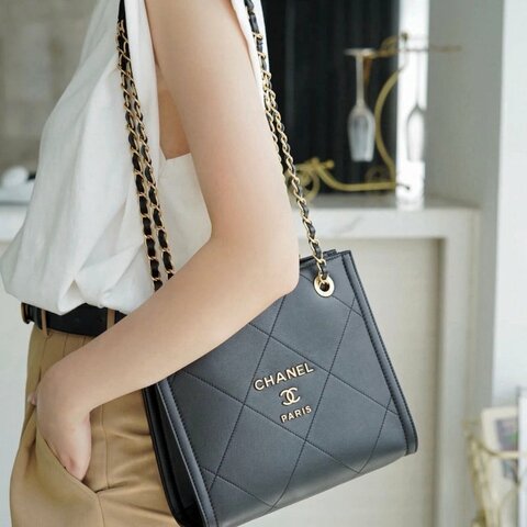 Chanel 香奈兒21B購物袋tote 黑金牛皮 小號 肩背包