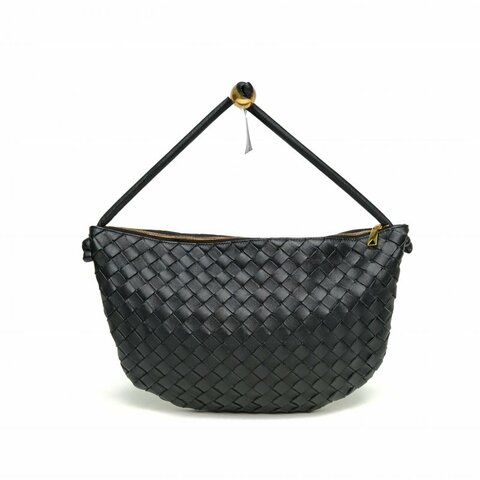 BOTTEGA VENETA 黑色羊皮革金扣Turn系列金球編織單肩腋下包肩背包