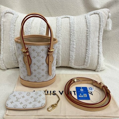 路易威登 Louis Vuitton 沙色帆布系列 迷你水桶包 沙色 PVC皮拼帆布 金扣 芯片 閑置新
