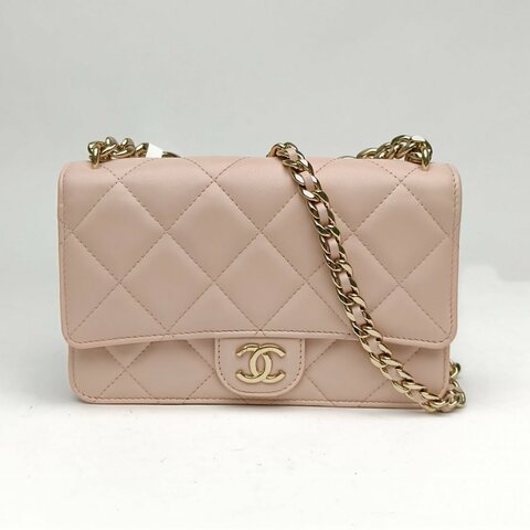 CHANEL香奈兒 裸粉色晶片淺金扣22C琺瑯粗鏈條WOC包斜挎包肩背包