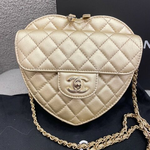 香奈兒 Chanel 心形鏈條包 金色 羊皮 金扣 全新