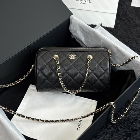 Chanel香奈兒 25p 黑金荔枝紋牛皮保齡球手提包鏈條斜挎包