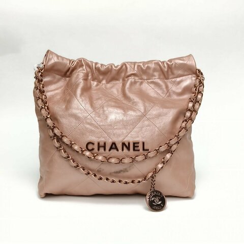 CHANEL香奈兒 22BagTote托特包小號珠光粉牛皮革晶片玫瑰金扣肩背包