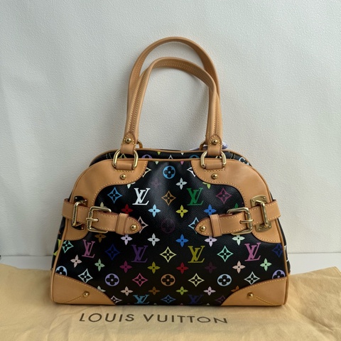 LV/路易威登 黑三彩Claudia保齡球手提包 ，村上隆聯名，黑色底彩色老花棕色植鞣革包邊，金色五金